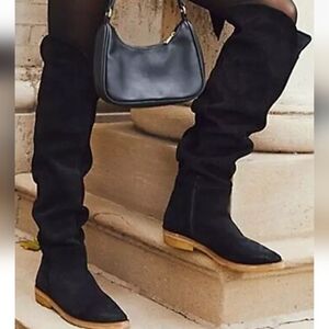 Free People Banks Over The Knee Boots Black Suede Size 7 ( 37.5)